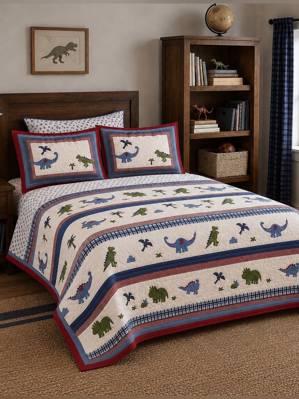 Pottery Barn Kids 2005 Vintage Quilted Bedspread Dinosaur Appliqués Queen Set